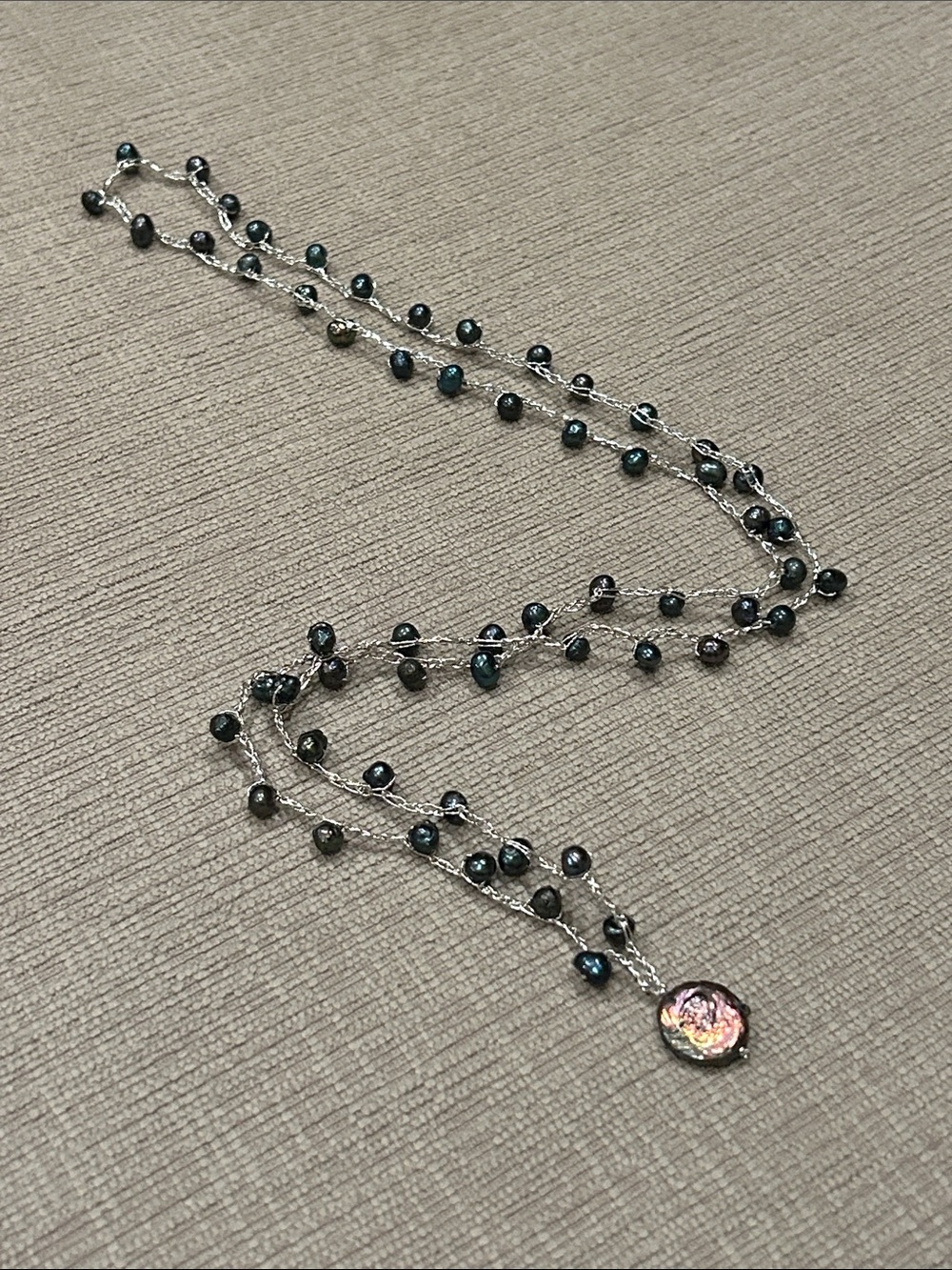 Delicate peacock Black Pearl Station Long Necklace with coin pearl Pendant